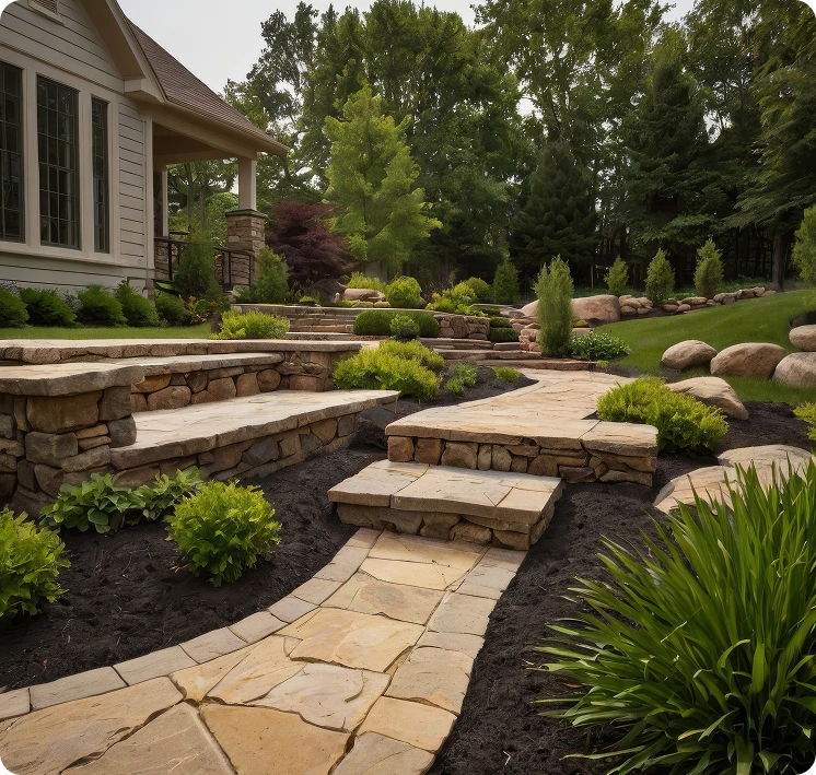 A collection of creative landscaping ideas showcasing various plants, pathways, and garden features for a backyard.