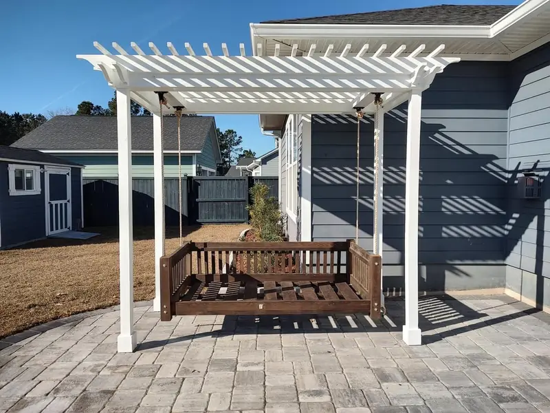 Backyard pergola swing pavers by Cramers Landscaping, Charleston area Backyard pergola swing pavers by Cramers Landscaping, Charleston area