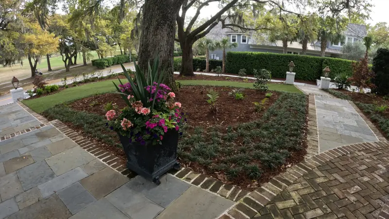 Bluestone brick walkway garden pots in Charleston, SC