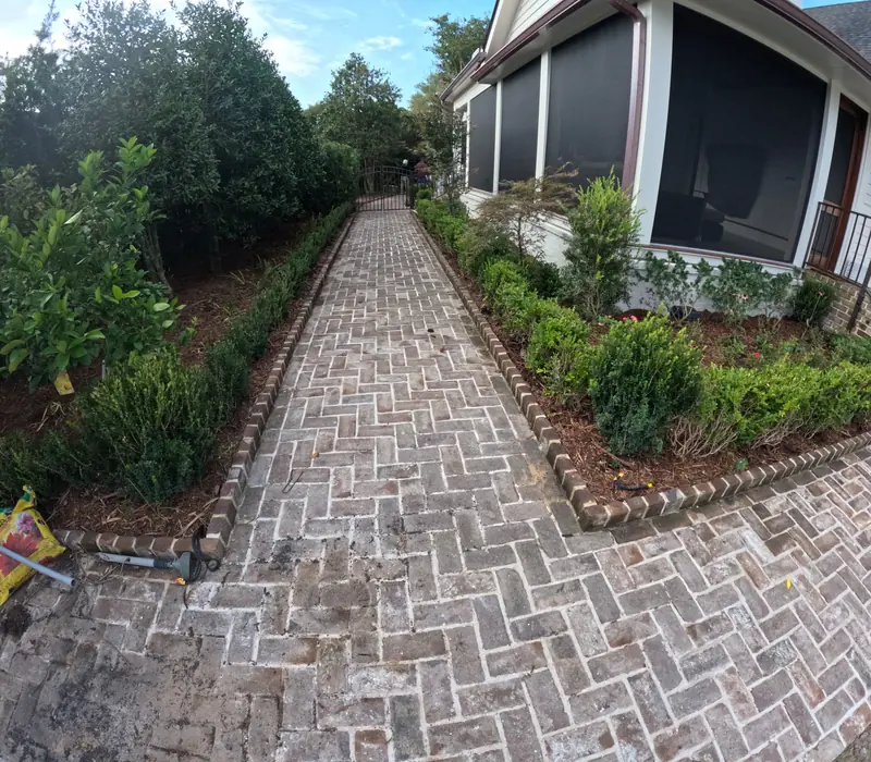 Herringbone brick walkway with brick edging between new planting beds in Charleston, SC