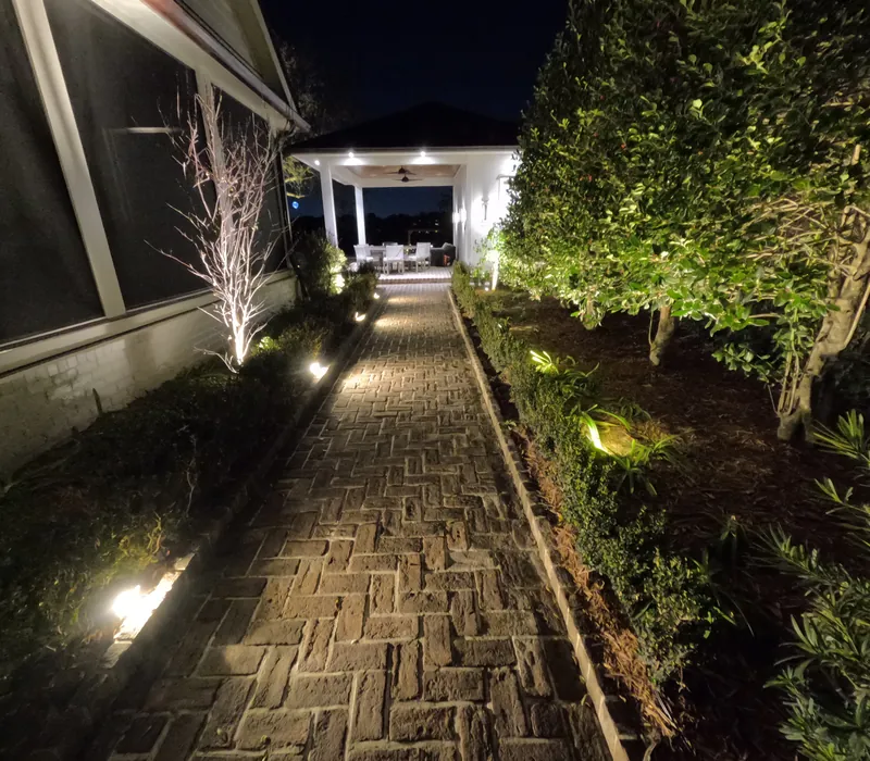 Charleston herringbone brick walk path lighting to pavilion