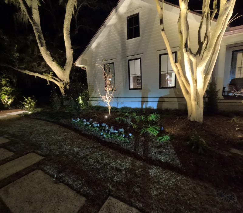 Uplit crape myrtles and stepping stones at night in Charleston, SC