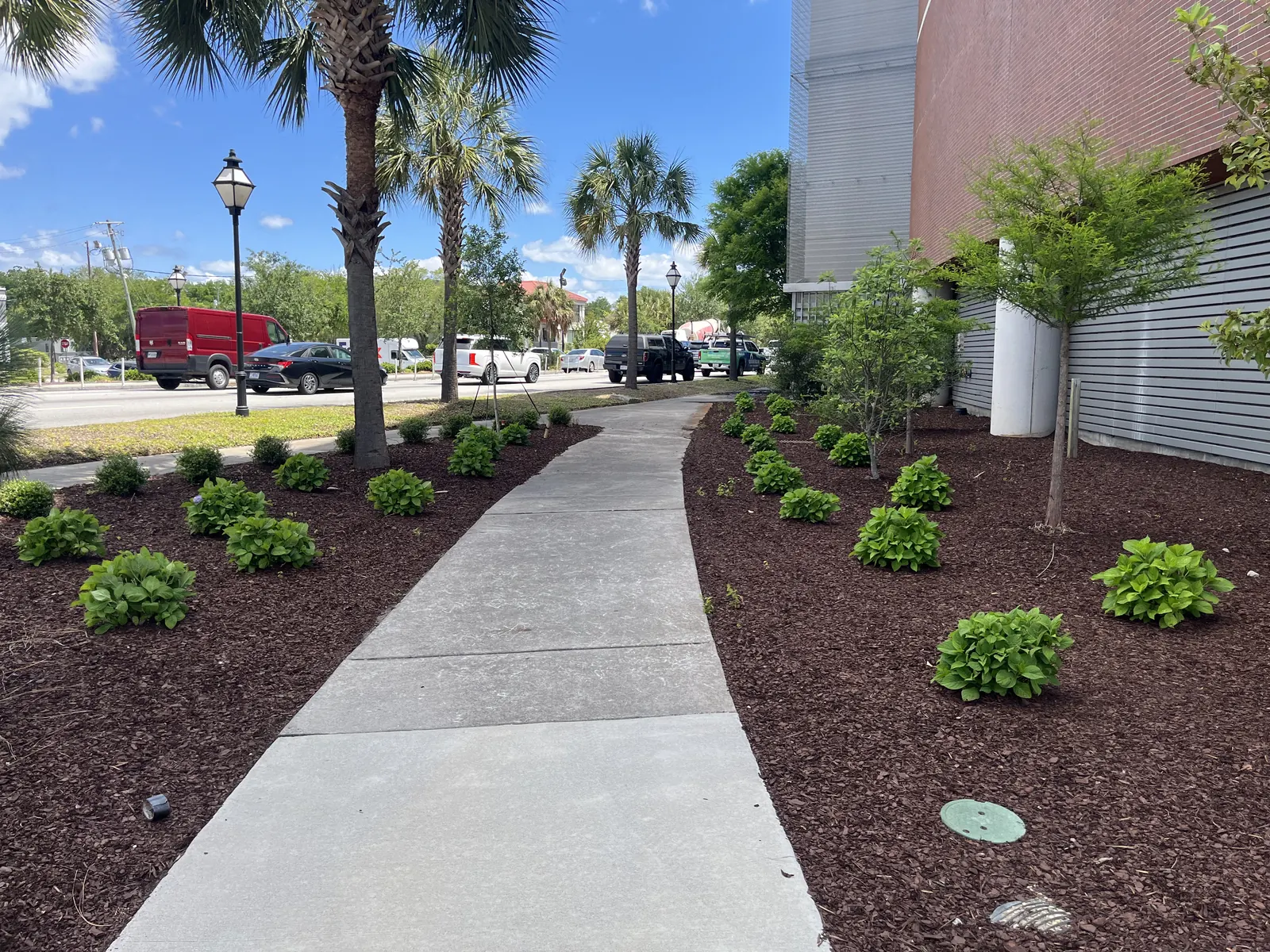 Fresh mulch beds with a cut edge along a walkway in Charleston, SC Fresh mulch beds with a cut edge along a walkway in Charleston, SC