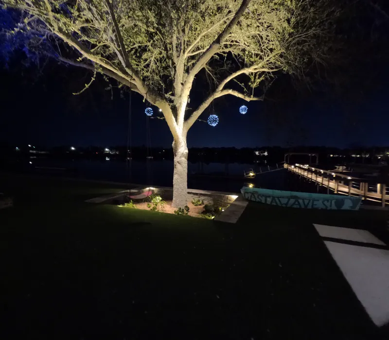 Charleston waterfront live oak uplighting hanging light globes
