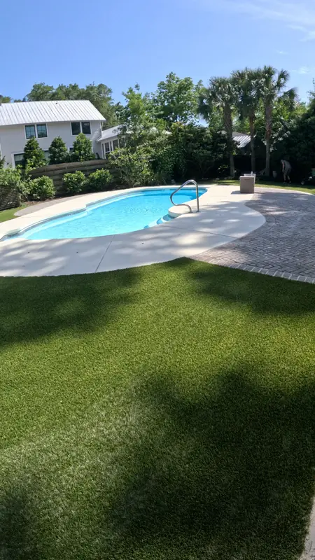 Artificial turf pool backyard landscaping in James Island, SC Artificial turf pool backyard landscaping on James Island, SC