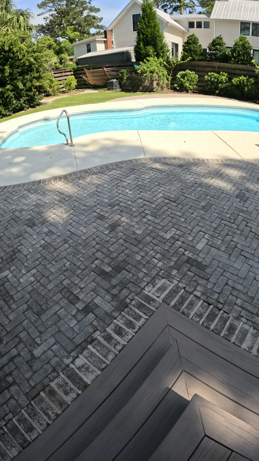 Poolside herringbone pavers landscaping in James Island, SC