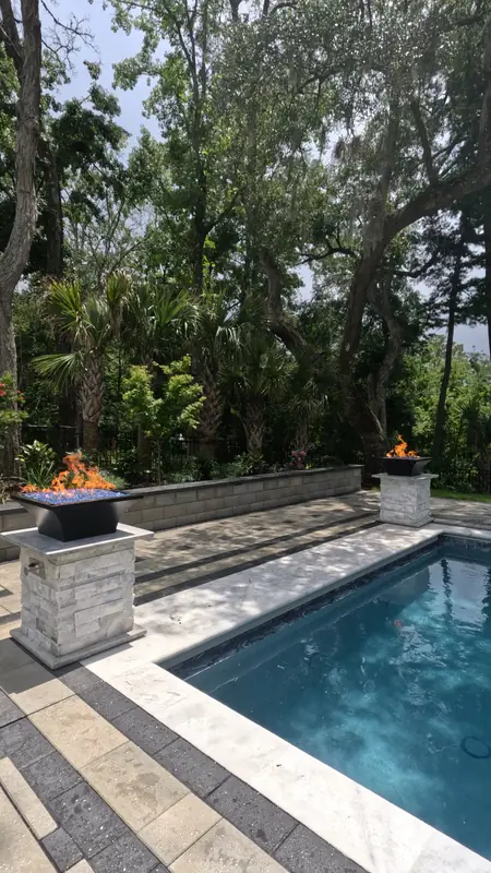 Custom pool fire features landscape in Summerville, SC Custom pool fire features landscape in Summerville, SC