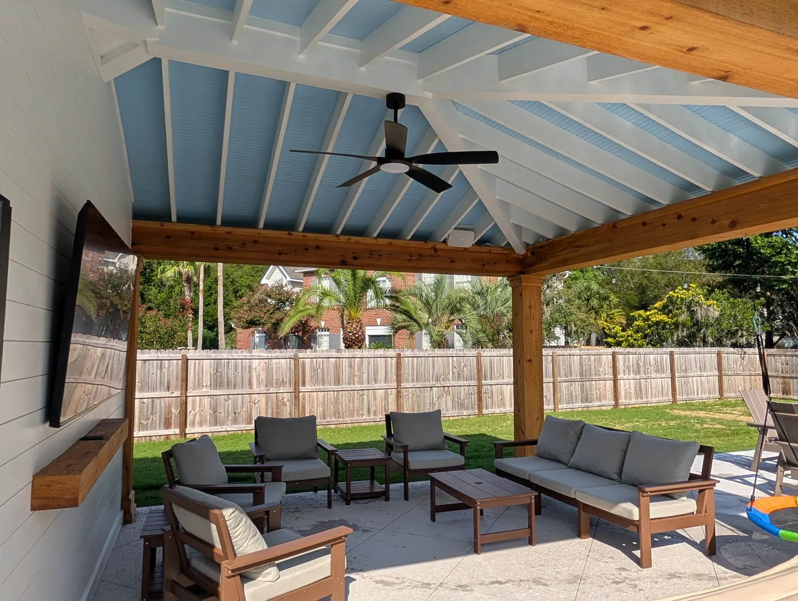 Covered outdoor cabana patio seating area in West Ashley, SC