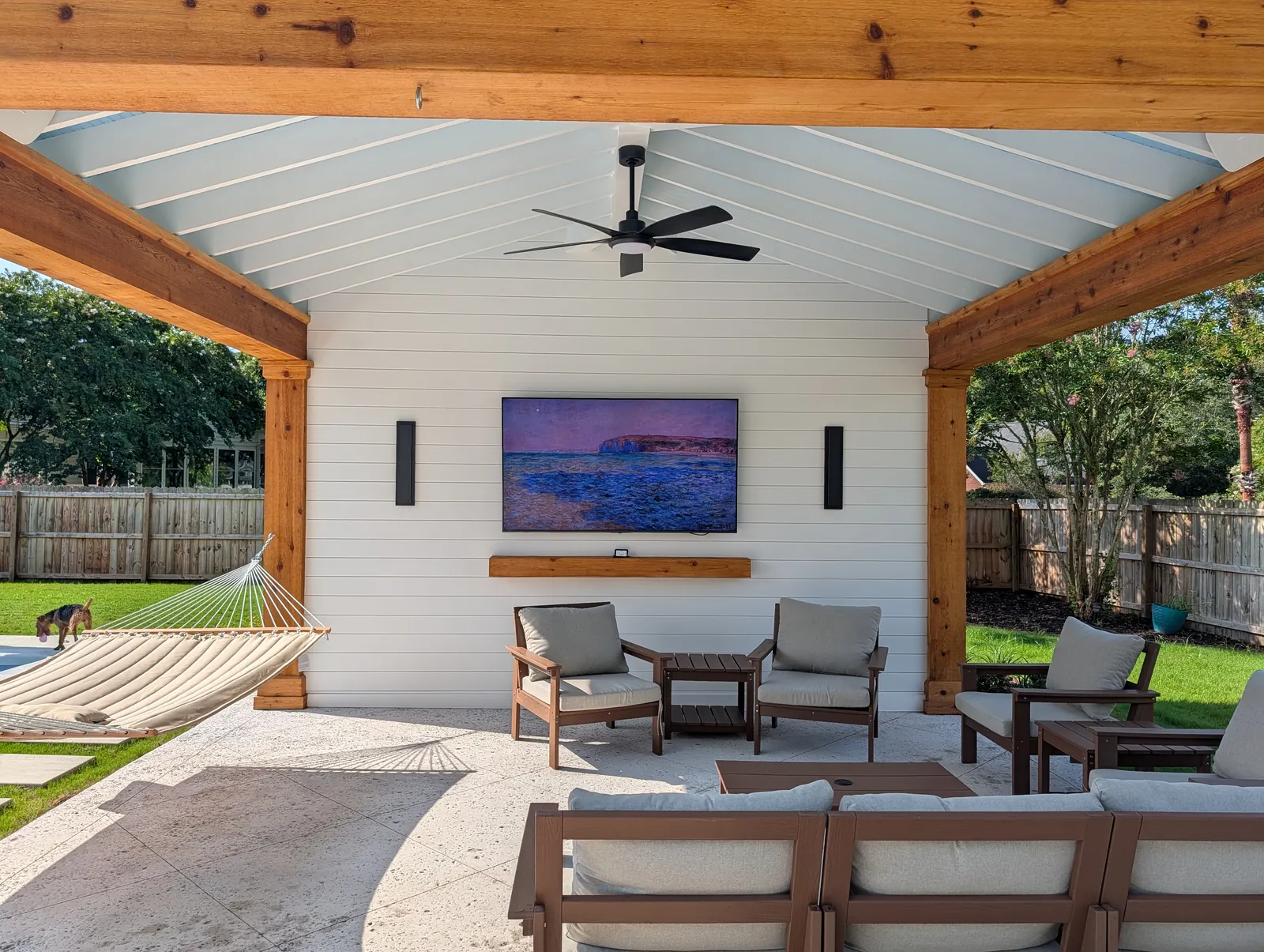Outdoor entertainment hub shiplap tv wall in West Ashley, SC
