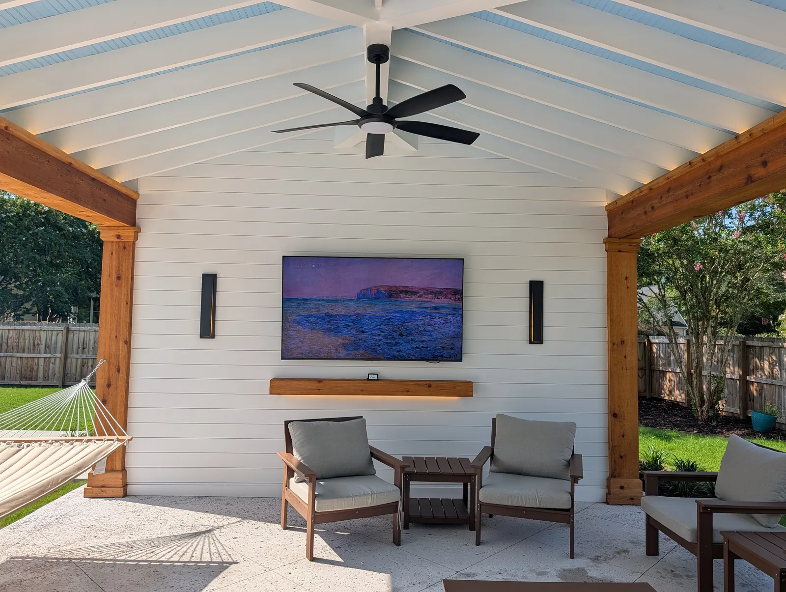 Outdoor living room shiplap tv wall in West Ashley, SC Outdoor living room shiplap tv wall in West Ashley, SC