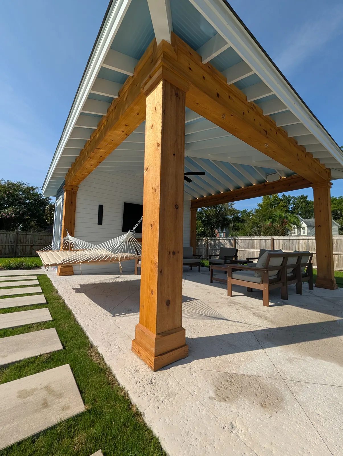 Cedar post detail on a pool pavilion in West Ashley, SC