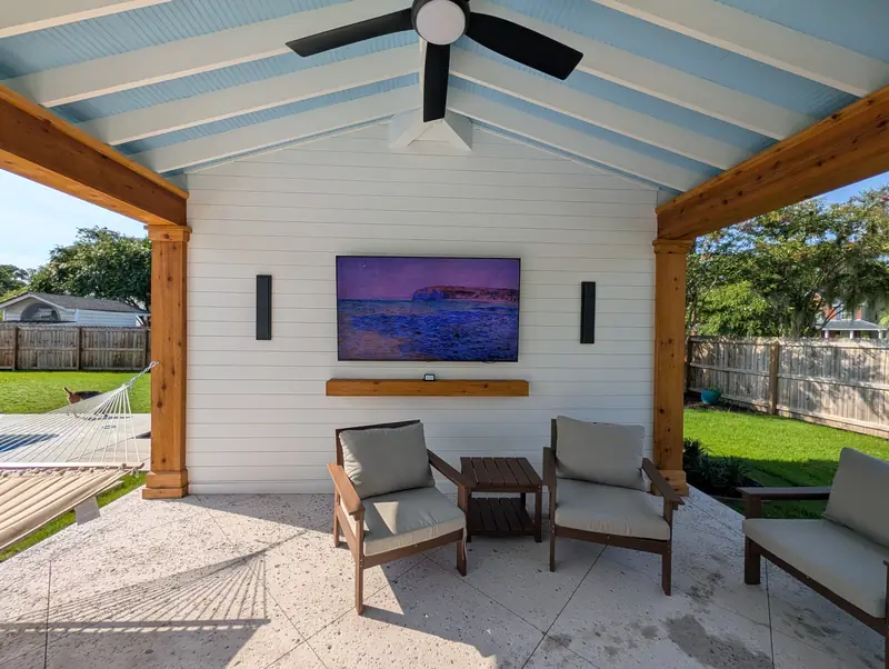 Poolside home theater couch seating arrangement in West Ashley, SC